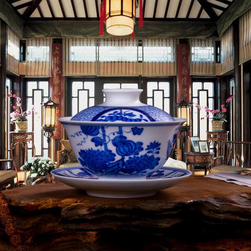 Special Offer Collectible Ceramic Tea Cup Saucer Handmade China Cup Saucer Gaiwan Cup With Hand Painted Rural Scenery