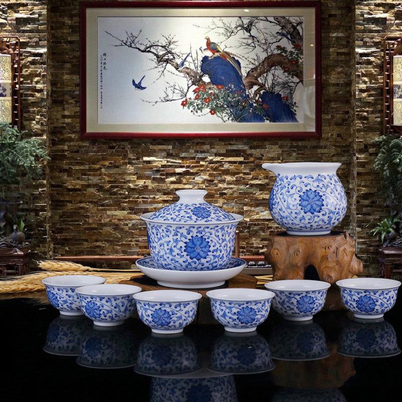Handmade Ceramic Tea Set Porcelain Tea Cups Set With Hand Painted Scrolling Vines Lotus Flowers