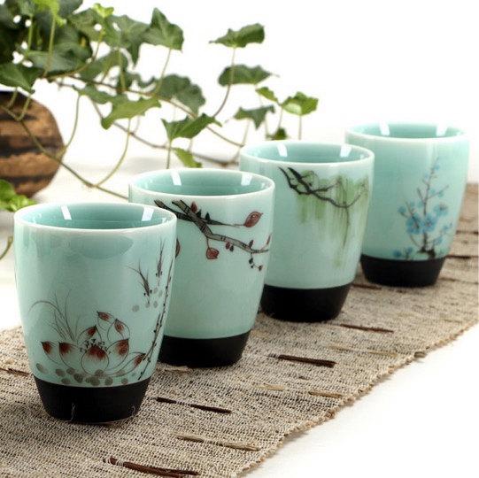 4 Celadon Porcelain Handmade Tea Cupschinese Antique Ceramics Porcelains)Famous Porcelain Kilns 